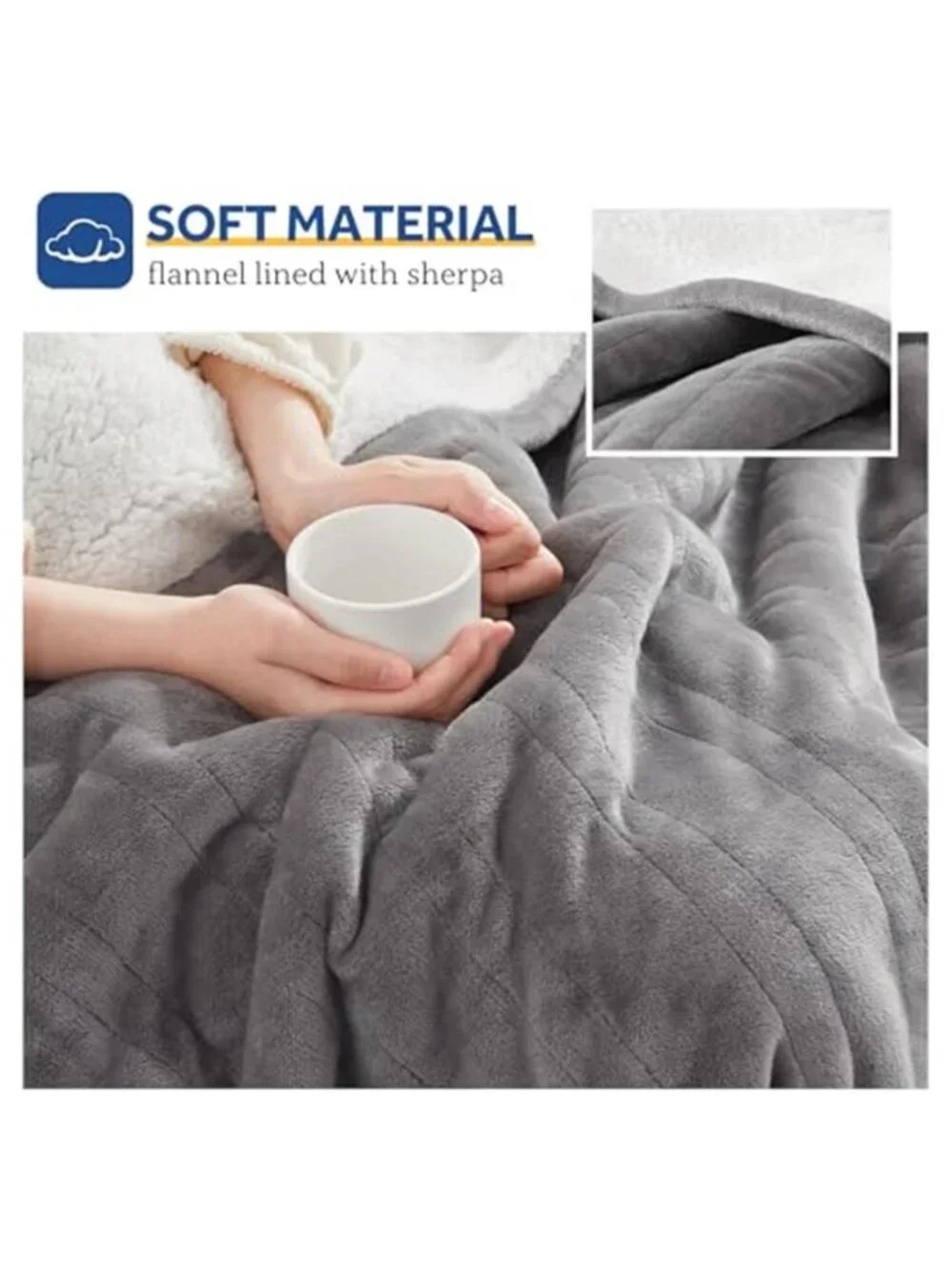 Electric Heated Throw Blanket Light Grey Sherpa Flannel 50 x 60 Auto Shut Off